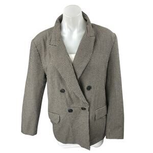 Zara Women's Black White Checkered Double Breasted Long Blazer Coat Jacket L